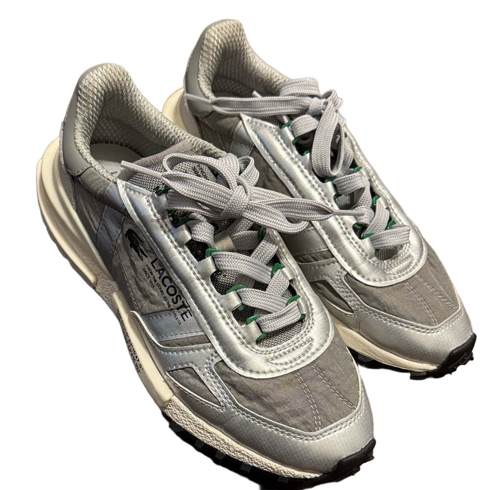 Lacoste Women's Silver and Gray Sneakers with Green Eyelet Details